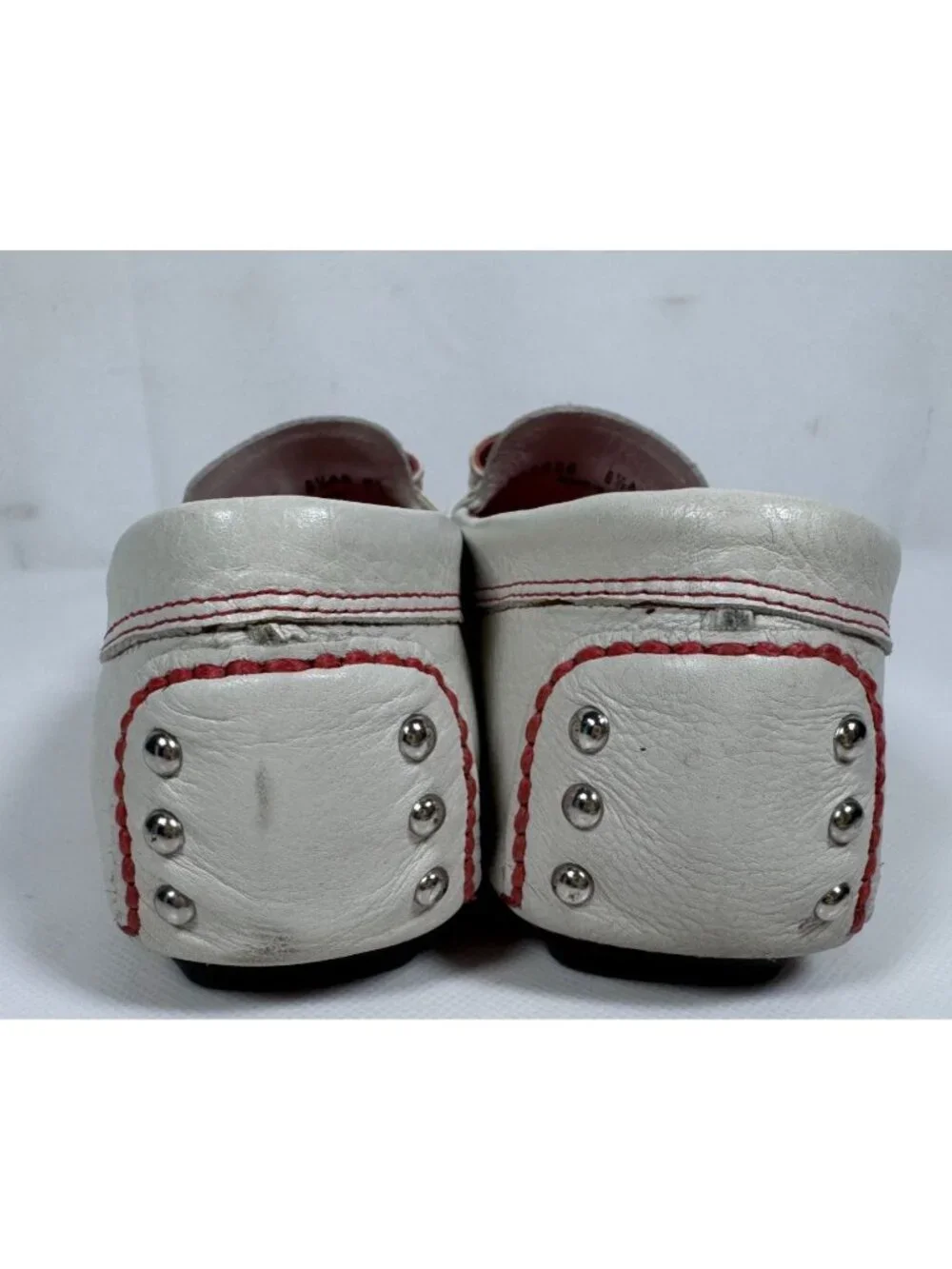 Cole Haan Women White Leather Driving Loafers Shoes Red Stitch Bow Size 8.5 B